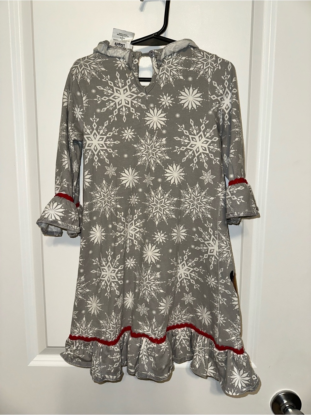Girls' Gray Snowflake Dress with Red Bow and Reindeer Applique - Picture 3 of 3